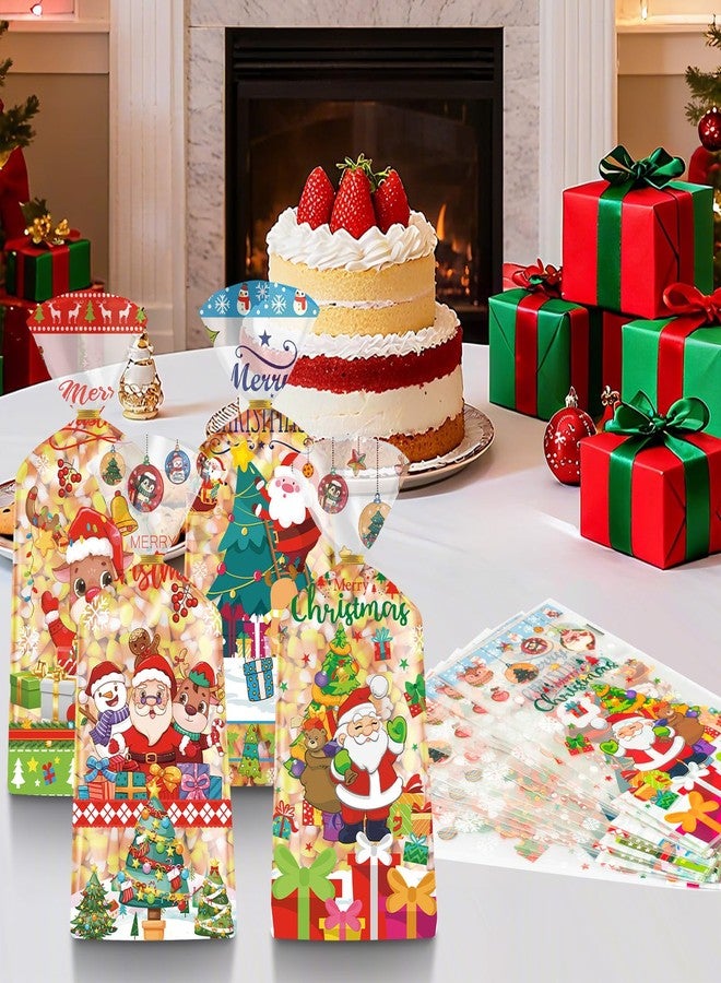 Litmitfu 100 Pcs Merry Christmas Treat Bags - Clear Xmas Cellophane Gift Goodie Bags, Plastic Santa Claus Goody Candy Snack Bag with Twist Ties for Winter Christmas Themed Party Supplies Favors, 4 Styles - Image 2